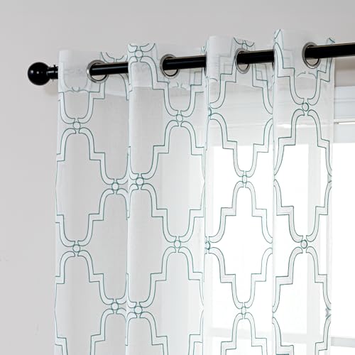 SLEEP ZONE Sheer Curtains for Living Room and Bedroom, Embroidered Sheer Curtains White Sheer Curtain 52 ?? 72 inches Long of 2 Panels, White Vintage Plaid