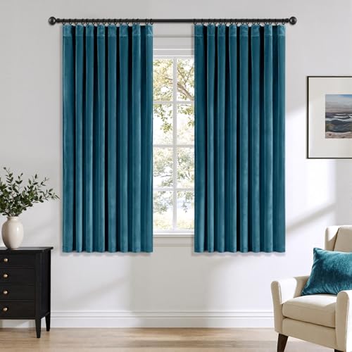 Peacock Blue Velvet Curtains 63 Inches Long Blackout Thermal Insulated Soundproof Curtain Privacy Room Darkening Curtains Pinch Pleat Window Drapes for Bedroom Living Room 42 x 63 Inch Set of 2