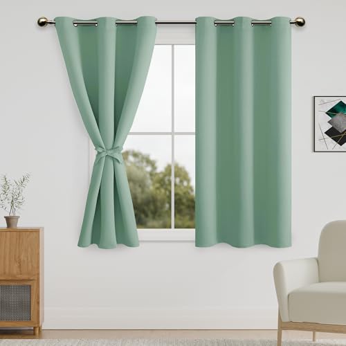 DWCN Blackout Curtains for Bedroom with Tiebacks - Room Darkening Privacy Grommet Top Window Curtains for Living Room, 42 x 45 inch Length,Sage Green,Set of 2 Panels