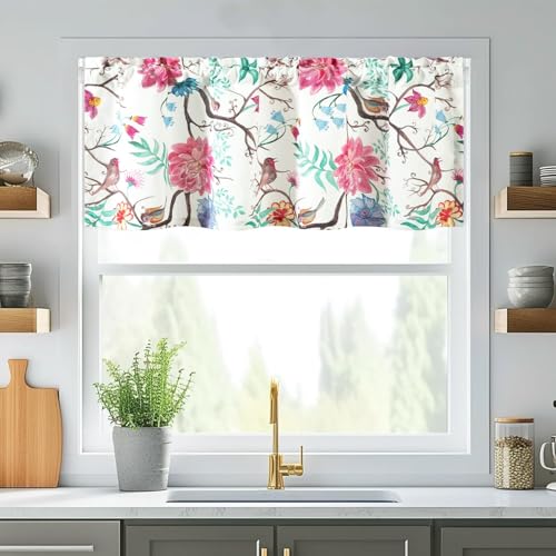 VOGOL Faux Linen Floral Bird Print Valance, 54 x 18, 1 Panel - Colorful Pattern Detail, Soft Natural Light, Farmhouse Window Accent, for Living Room and Kitchen