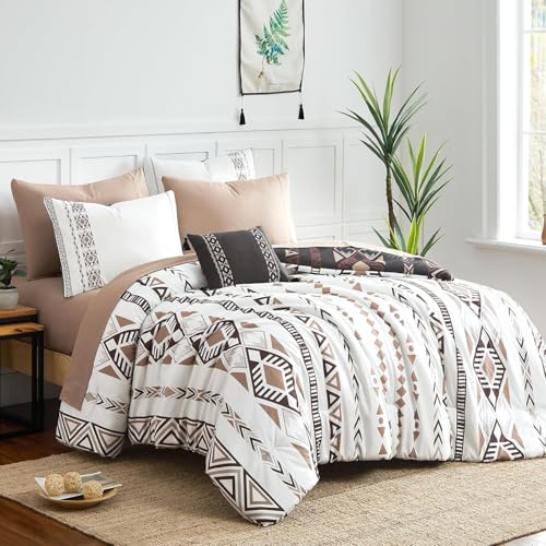 Super King Comforter Set - 7 Pieces Boho Bed in a Bag Western Bedding - Reversible Bedding, All Season Aztec Bed Set with Comforter, Sheets, Pillowcases & Shams, Brown