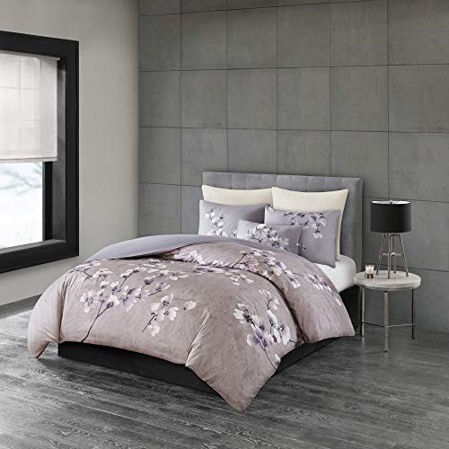"N Natori Sakura Duvet Cover Reversible Cherry-Blossom Cotton Printed Flower Floral Botanical Matching Embroidered Shams Soft Corner Ties All Season Bedding-Sets, King/Cal King(110""x96""), Lilac"