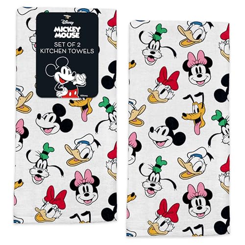 "Disney Kitchen Towels ??? 2-Pack 100% Cotton Kitchen Towels Set ??? 16"" x 26"" Soft & Absorbent Dish Towels ??? Mickey, Minnie & Stitch Designs ??? Durable, Machine Washable (Mickey & Friends Head Shots)"