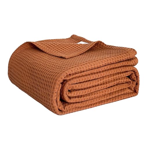 "Simple&Opulence 100% Cotton Waffle Weave Blanket Queen Size 90""x90"", Soft Lightweight Breathable Cozy Washed, Layer Throw Blanket for Couch Bed, Farmhouse Home Decor for Adults All-Season, Rust Orange"