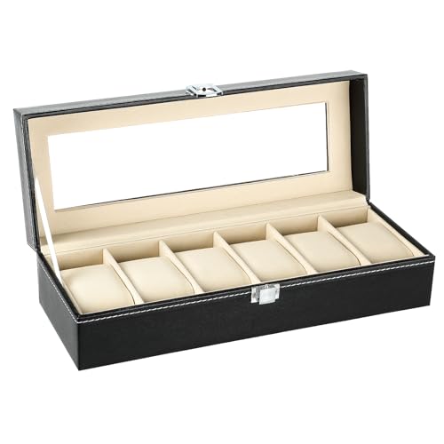 Uten Watch Box 6 Slots, Watch Case with Glass Lid, Watch Display Storage Box for Men and Women, Removable Watch Pillows, Metal Clasp, Black Synthetic Leather, Beige Velvet Lining, Gift Idea