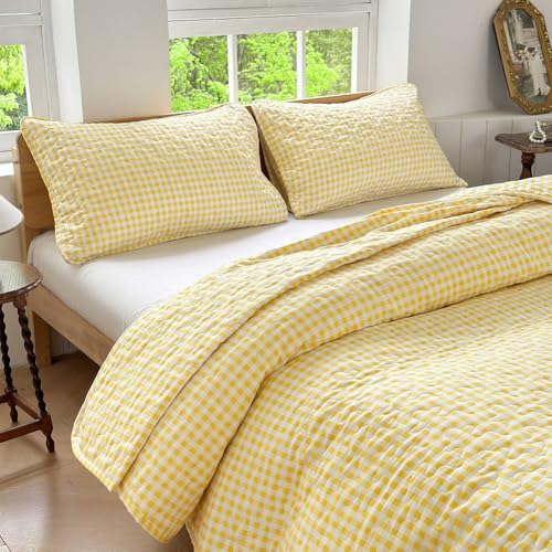 NSNLGSGC Yellow Gingham King Summer Bedspread Quilt Set - Pre-washed Microfiber,Lightweight Checked Grid Bedding Coverlets for All Seasons