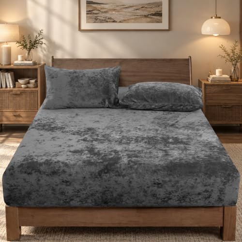 "PHF Truly Velvet Fitted Sheet Only Twin Size, Luxury Super Soft Cozy Fuzzy Fleece Bottom Sheet, Deep Pocket Up to 16"", Suitable for Fall Winter Spring, No Pillowcases, Charcoal/Dark Grey"