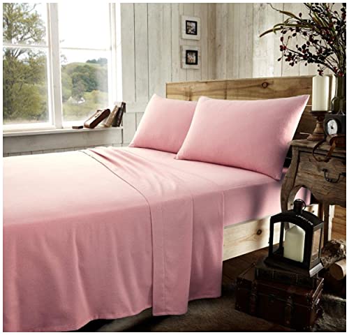 GC GAVENO CAVAILIA Brushed Cotton Bed Sheets, Flannelette Fitted Sheet With Pillowcases, Plain Flat Sheet Double, Pink