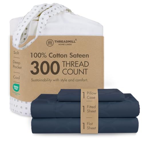 Threadmill Cotton Twin Sheet Set - 100% Cotton Sheets for Twin Size Bed - Damask Jacquard Sateen Twin Bed Sheets Set with 16??? Deep Pocket - Soft Breathable 3-Piece Cooling Sheet Set - Folkstone Blue