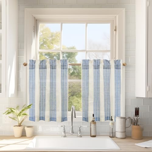 DriftAway Kitchen Tier Curtains - Striped Linen Short Pinstripe Cafe Curtains 24 Inch Length for Living Room Bathroom Chris Farmhouse Rustic Rod Pocket 2 Panels Navy