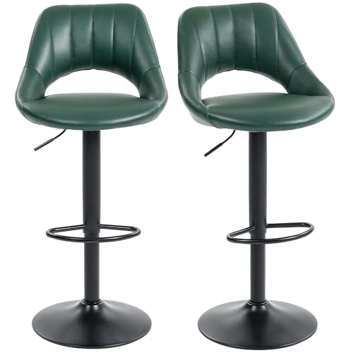 HOMCOM Bar Stools Set of 2, Swivel Barstools with Adjustable Height, Hollow Back and Footrest, Modern PU Leather Upholstered Breakfast Bar Chairs for Kitchen Island, Counter, Dining Room, Dark Green