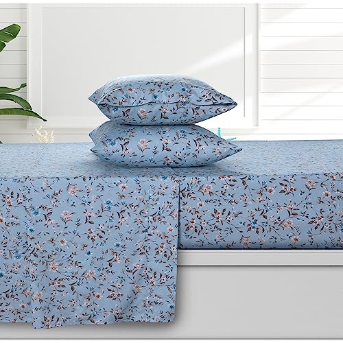Azores 300 Thread Count Organic Cotton Deep Pocket Bed Sheet Set, Fits up to 19 Inch Mattress - Queen, Carolina/Blue