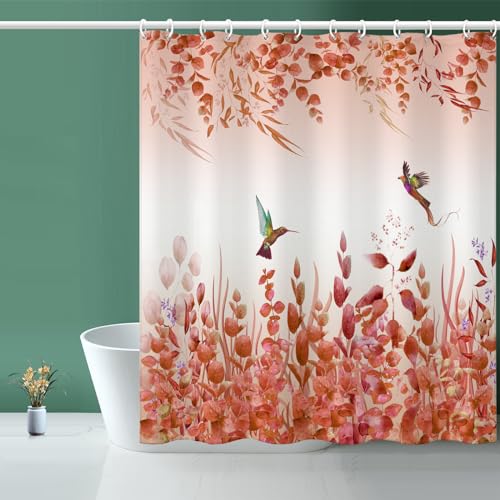 "Niidder Kingfisher Autumn Red Shower Curtain - 72"" W x 72"" L with 12 Hooks, Weighted Hem, Waterproof, Red Leaf Pattern"