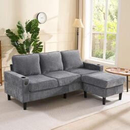 Ball & Cast Grey Corner Sofa, 3 Seater L Shape with USB Charging Station and Cup Holder, Movable Footrest, Modern Style, 202x137x80cm