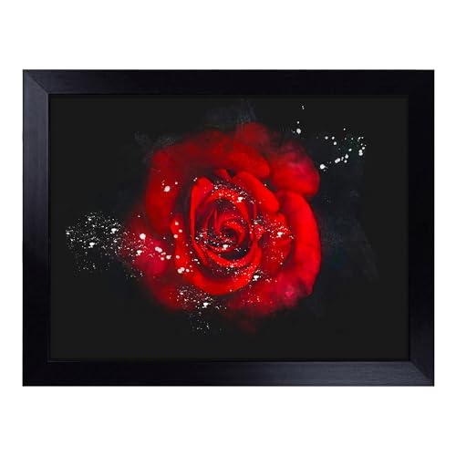 Lap Tray with Bean Bag Cushion, Red Rose In The Shadows - Handmade in the UK, Raised Wooden Edge, Padded Cushion, Heat-Resistant Wipe-Clean Surface, for Meals, Laptops and Crafts