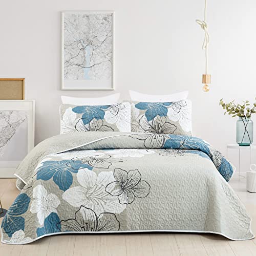 "DJY 3 Pieces Quilt Set Queen Floral Pattern Coverlet Elegant Boho Bedspread with 2 Pillow Shams Lightweight Microfiber Bedding All Season (Blue, 90""x96"")"