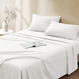 "Comfort Spaces 100% Cotton Sheet Set Breathable, Lightweight, Soft with 14"" Elastic Pocket Fits up to 16"" Mattress, All Season Cozy Bedding, Matching Pillow Case, Full White 4 Piece"
