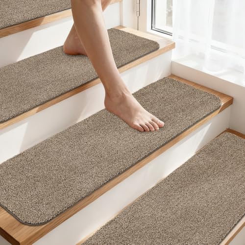 COSY HOMEER Stair Treads Non-Slip Carpet Mat 28inX9in Indoor Stair Runners for Wooden Steps, Stair Rugs for Kids and Dogs, 100% Polyester TPE Backing 15pcs,Beige,Protect Floor