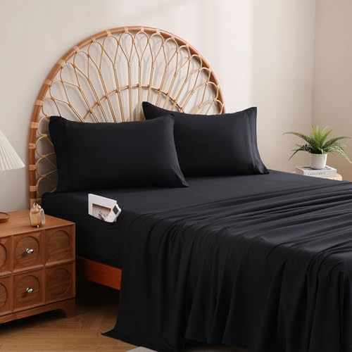 JSD Black Queen Size Sheet Set with Side Storage Pocket, 4 Piece Soft Brushed Microfiber Bed Sheets 16 inch Extra Deep Pocket