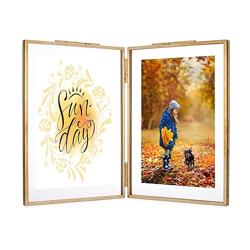 Rising Star Brass Picture Frame, Vintage Double 4x6 Folding Picture Frames, Gold Metal Pressed Glass Photo Frame, Hinged Picture Frame