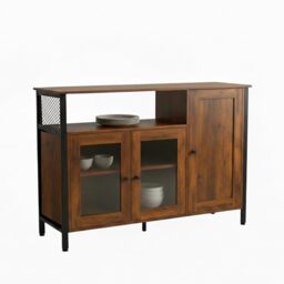 Relaxdays kitchen cupboard with glass doors, HWD: 75 x 110 x 33 cm, kitchen sideboard, industrial, dark brown/black