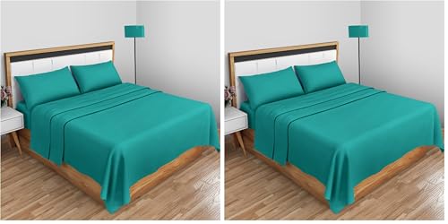 Easy Care Percale Flat Sheets Double- Shrinkage And Fade Resistant Bedsheet- Non Iron Bedding Polycotton Fabric Sheet- Deep Teal (Pack of 2)