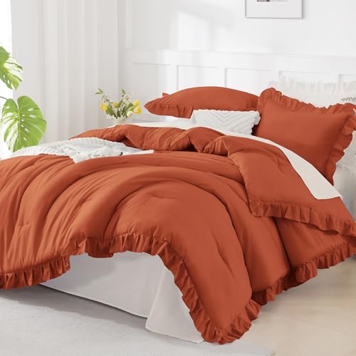 Andency Oversized King Ruffle Comforter Set, 3 Pcs Terracotta Fluffy - Lightweight Super King Shabby Chic Farmhouse All-Season Bed Set (120x120 Inch) for Girls and Women