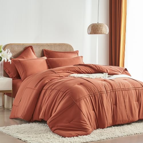 Yogeneg Full Size Comforter Set 7 Piece Bed in a Bag,Grid Pinch Pleat Terracotta Bedding Set,Striped Textured Soft Microfiber Comforter with Sheet Set,All Season Complete Bed Set(Terracotta,Full)