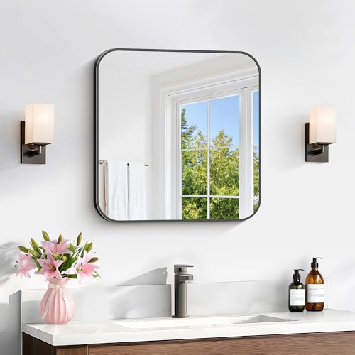 CIVENO Black Bathroom Mirror, 18x18 inch Aluminum Metal Frame Rectangular Vanity Mirror, Wall Mounted Square Mirrors with Rounded Corner for Bedroom Living Room Hangs Horizontal Or Vertical