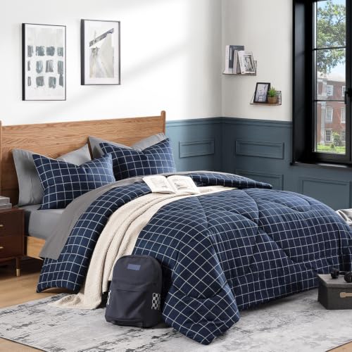 Andency Navy Grid Comforter Set Full Size (79x90 Inch), 3 Pieces(1 Grid Comforter and 2 Pillowcases), Summer Lightweight Microfiber Down Alternative Navy Comforter with White Lines