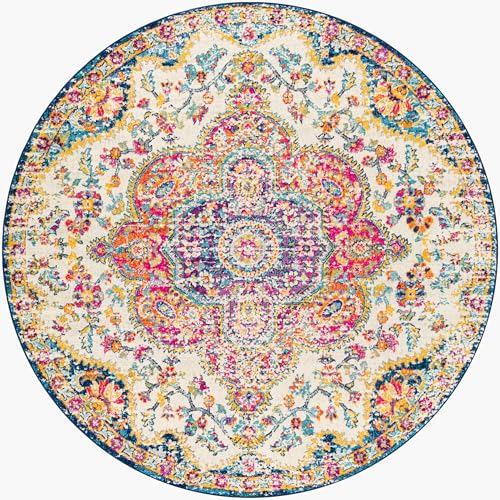 Livabliss Julia Rabat Vintage - Area s Living Room 200 cm, Dining Floor, Kitchen, Traditional Multicoloured Boho, Easy Care Pile, Bohemian Round, Fuchsia, Orange and Blue