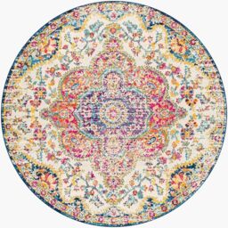 Livabliss Julia Rabat Vintage Rug - Living Room 200 cm, Dining Floor, Kitchen, Traditional Multicoloured Boho, Easy Care Pile, Bohemian Round, Fuchsia, Orange and Blue