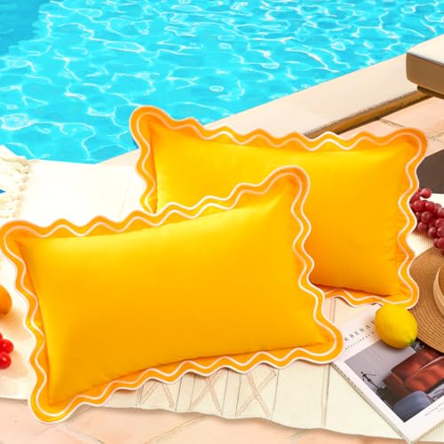 JOJOGOGO 12x20 Yellow Scalloped Embroidered Outdoor Lumbar Pillow Covers Waterproof Set of 2, 12 x 20 Summer Aesthetic Decorative Pillows Rectangle Throw Pillow Covers for Porch and Patio Furniture