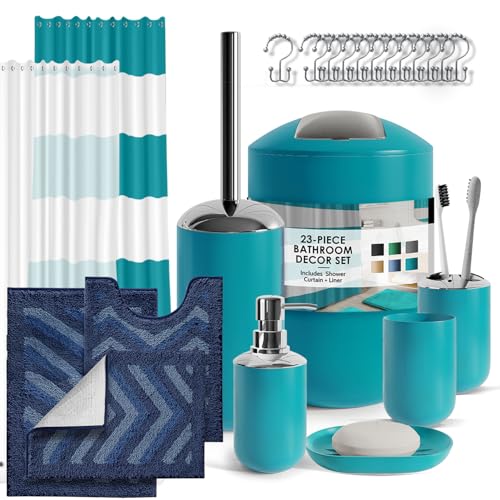 Clara Clark Bathroom Set - 23PC Shower Curtain Set with Bathroom Trash Can, Teal Bathroom Set, Bathroom Sets with Shower Curtain and Navy Rugs