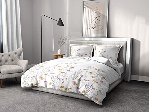 Home Linge Passion, 3 Piece Duvet Cover 100% Cotton 57 Thread Count Double Bed - 220 x 240 cm, White/Tone/Yellow