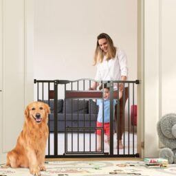 GYMAX Baby Safety Gate, 74-104 cm Adjustable Width Stair Gates with Small Door, Dual Locks and Pressure Mount System, Metal Extra Wide Walk Through Pet Gate for Kids & Pets (Black, 74-104 cm)