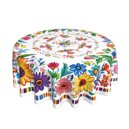 mutakin Mexican Floral Birds Tablecloth Mexico Round Table Cover Washable Reusable Decoration Table Cloth for Home Kitchen Party Picnic 60 Inch