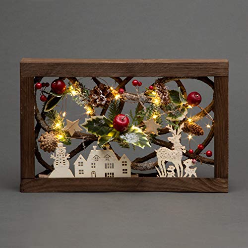 40cm LED Pre-Lit Decorated with Leaves Pine Cones Berries 3D Nordic Christmas Scene Rectangle Shape Wooden Frame Tabletop Decorations Xmas Ornament Gifts