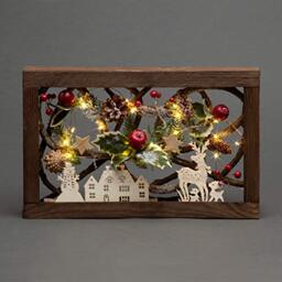 40cm LED Pre-Lit Decorated with Leaves Pine Cones Berries 3D Nordic Christmas Scene Rectangle Shape Wooden Frame Tabletop Decorations Xmas Ornament Gifts