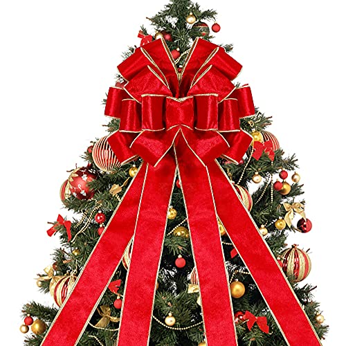 "Lulu Home Christmas Tree Topper, 48"" x 13"" Red Large Velvet Bow with Long Streamers, Wired Edge Decorative Bow for Wreath Door Holiday Party Festival Xmas Decoration Supplies"