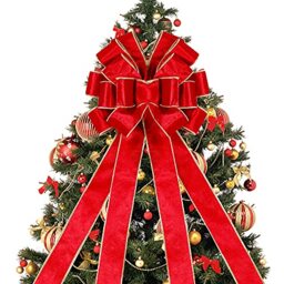 "Lulu Home Christmas Tree Topper, 48"" x 13"" Red Large Velvet Bow with Long Streamers, Wired Edge Decorative Bow for Wreath Door Holiday Party Festival Xmas Decoration Supplies"