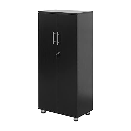 MMT Black Wooden Storage Cupboard – Lockable 2-Door Cabinet with 2 Shelves for Home, Office or Garage – Engineered Wood Unit with Secure Lock, 55L x 35D x 125H
