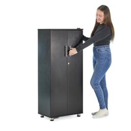 MMT Black Wooden Storage Cupboard – Lockable 2-Door Cabinet with 2 Shelves for Home, Office or Garage – Engineered Wood Unit with Secure Lock, 55L x 35D x 125H