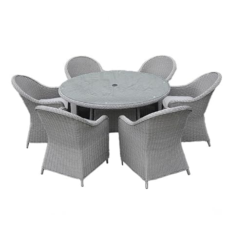 SHATCHI Sorrento Premium 7 Pieces Aluminium Rattan Dining Set 6 Seater, 6 Chairs with Cushions, Glass Top Dining Table Garden Lounge Balcony Dine Furniture, Light Grey