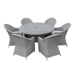 SHATCHI Sorrento Premium 7 Pieces Aluminium Rattan Dining Set 6 Seater, 6 Chairs with Cushions, Glass Top Dining Table Garden Lounge Balcony Dine Furniture, Light Grey