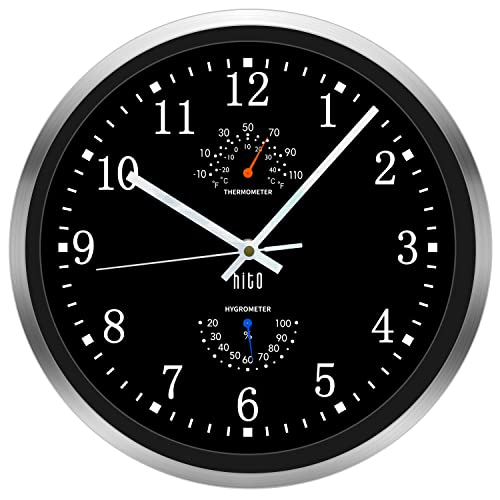 hito Silent Wall Clock for Living Roon, Kitchen, Bedroom, with Glass Cover Silver Aluminum Frame- 12 inches Black