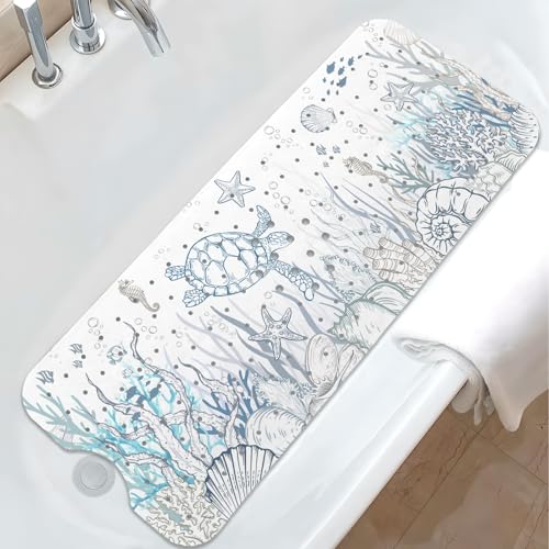 Sea Turtle Bathtub Mat Non Slip, Cute Baby Bath Mat for Tub Rubber Tub Mat, Kids Bath Mats for Bathroom Undersea Anti Slip Shower Mat with Suction and Drain Holes Machine Washable, 40???X16???