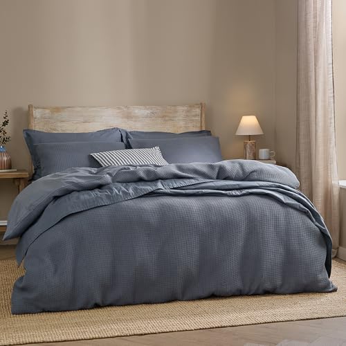 Yard furn Hebden Waffle Duvet Cover Set – Soft Relaxed Cotton Textured Bedding Set (Denim Blue – Double)