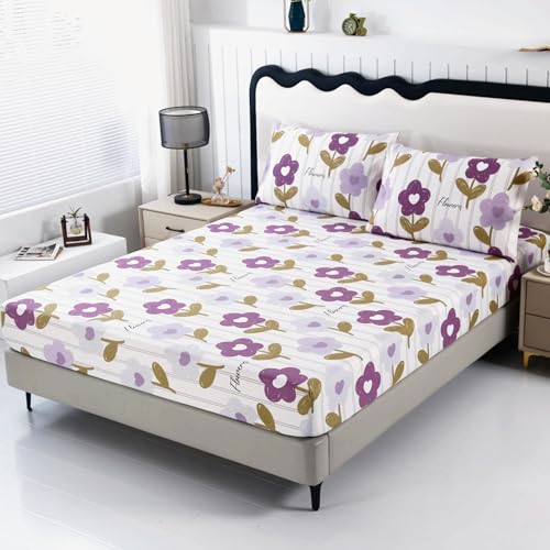 SDIII Purple Floral Fitted Sheet Queen with 2 Pillowcases, Deep Pocket Soft Microfiber Purple Floral Bed Sheet Queen Size All Season