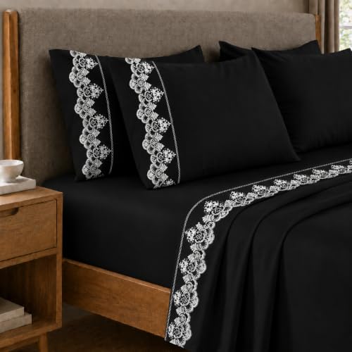 PETTI Artigiani Italiani - Single Percale Cotton Sheet Set with Black Rebrodè Lace, 3-Piece Bed Set, 100% Made in Italy